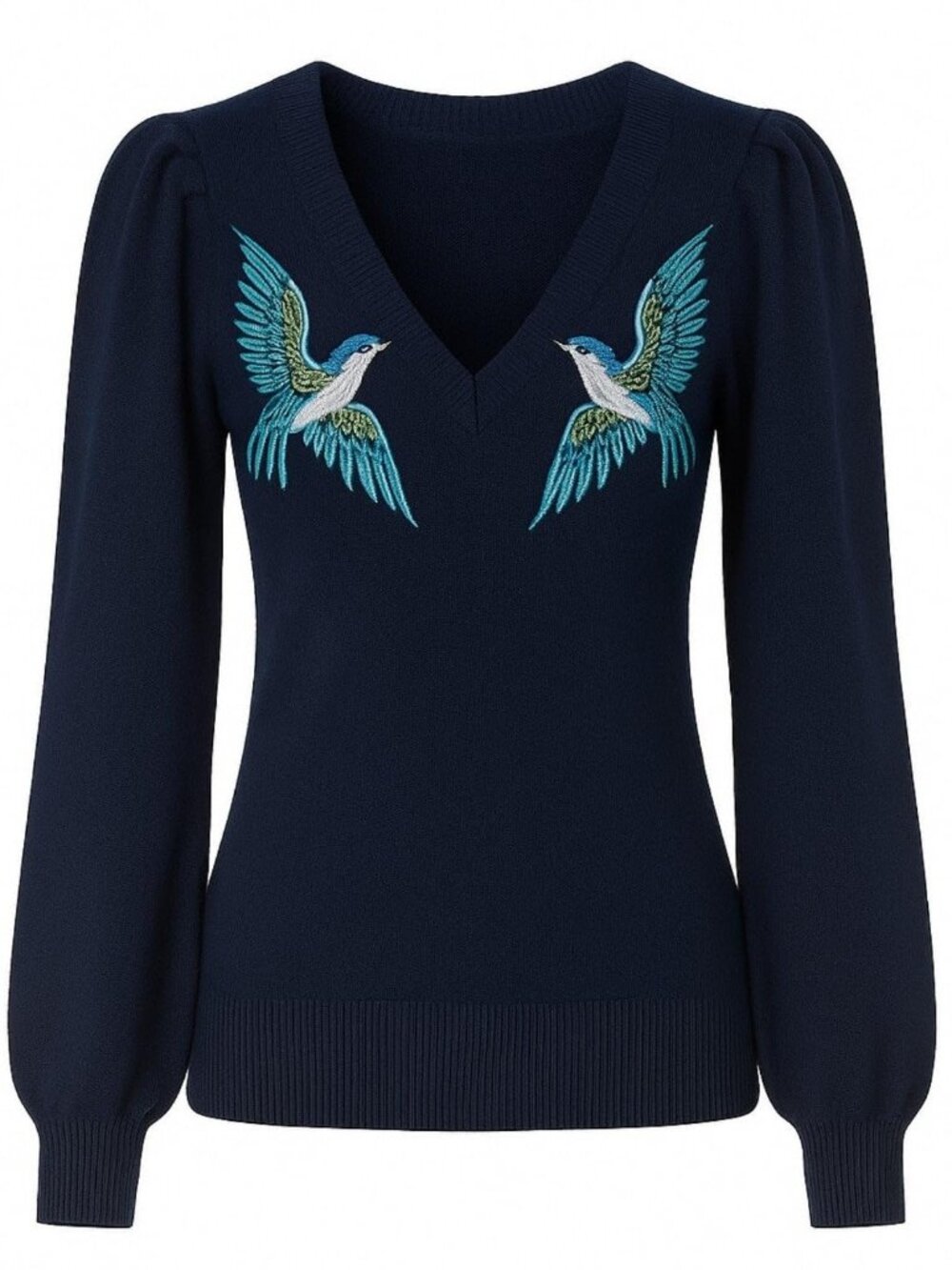 OXKNIT Women’s Dark Blue Embroidered Bubble Sleeve Knit Sweater Size L New